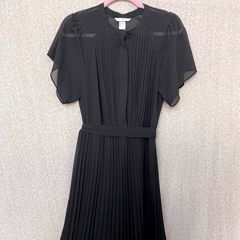 H&M Black Pleated Chiffon Dress Medium